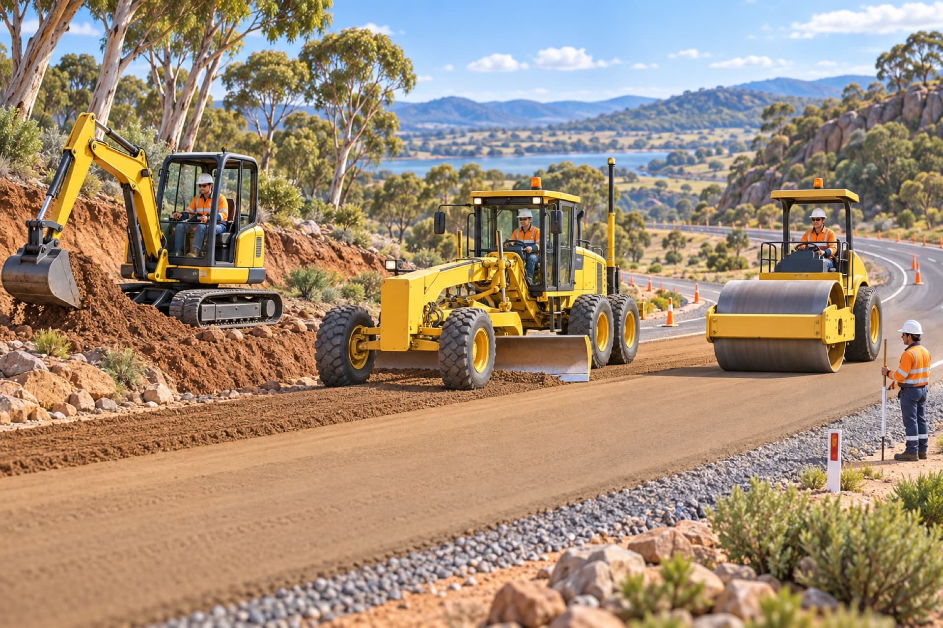 Plant and machinery arranged for an Australian roadworks project